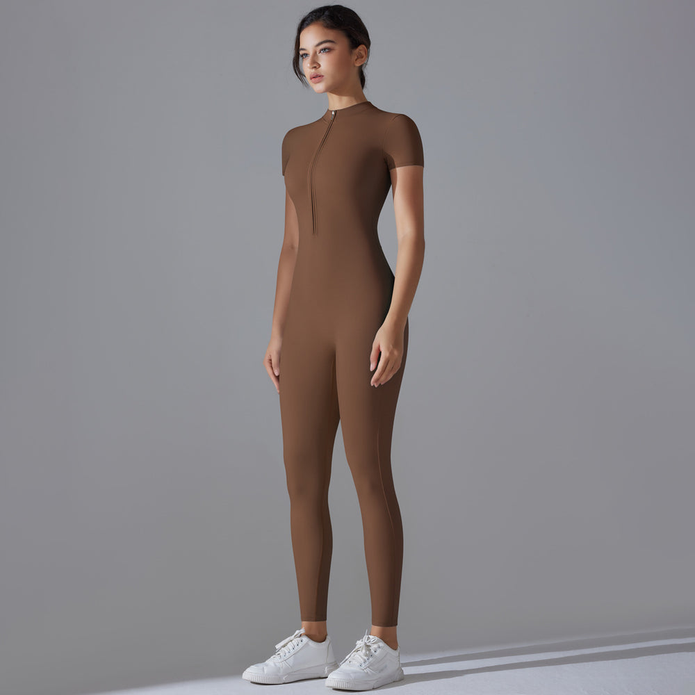 New solid color zip-up compression high-stretch short sleeve bodysuit activewear - workout, fitness, running, cropped leggings, yoga outfit
