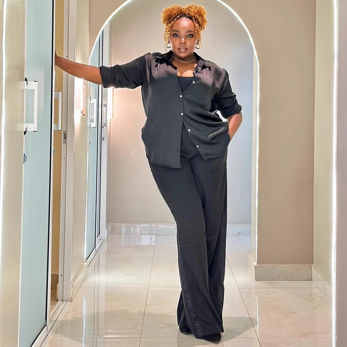 European and American large-size women's fashion suit solid color lapel cardigan shirt women's African temperament foreign style trousers two-piece set