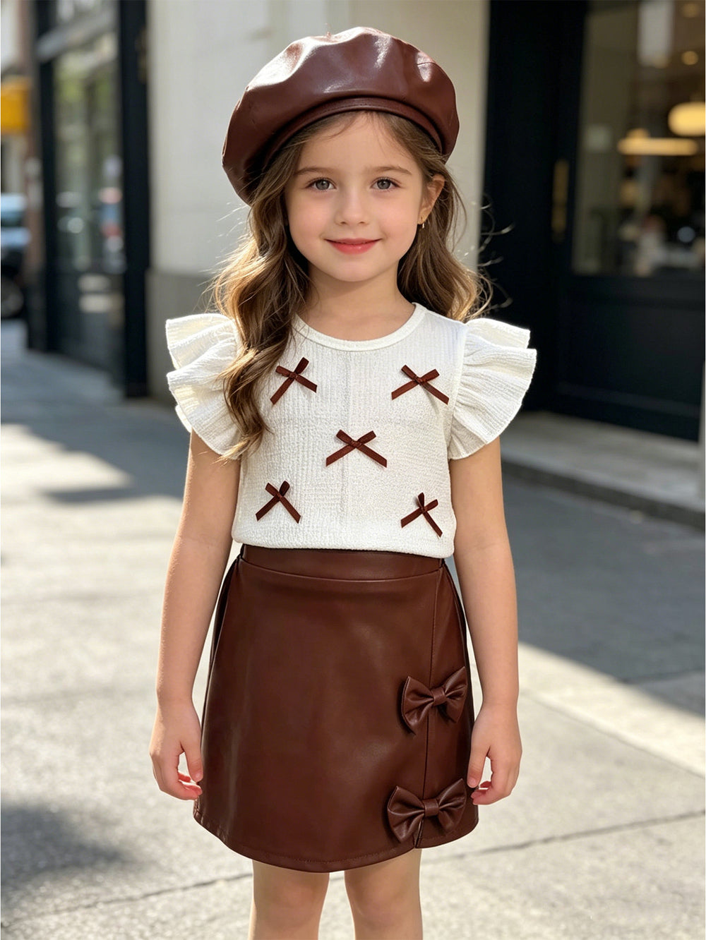 cross-border girls' spring/summer new collection: bow-embellished textured top + pu leather a-line skirt with matching hat - 3-piece set