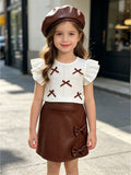 cross-border girls' spring/summer new collection: bow-embellished textured top + pu leather a-line skirt with matching hat - 3-piece set
