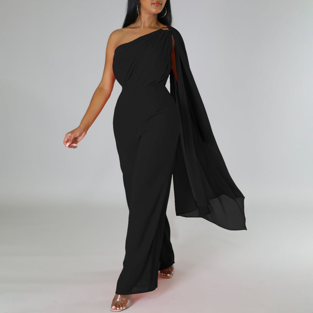 C8560 cross-border women's clothing independent station foreign trade pure colorolsexy one-shoulder banquet fashion dress african jumpsuit