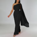 C8560 cross-border women's clothing independent station foreign trade pure colorolsexy one-shoulder banquet fashion dress african jumpsuit