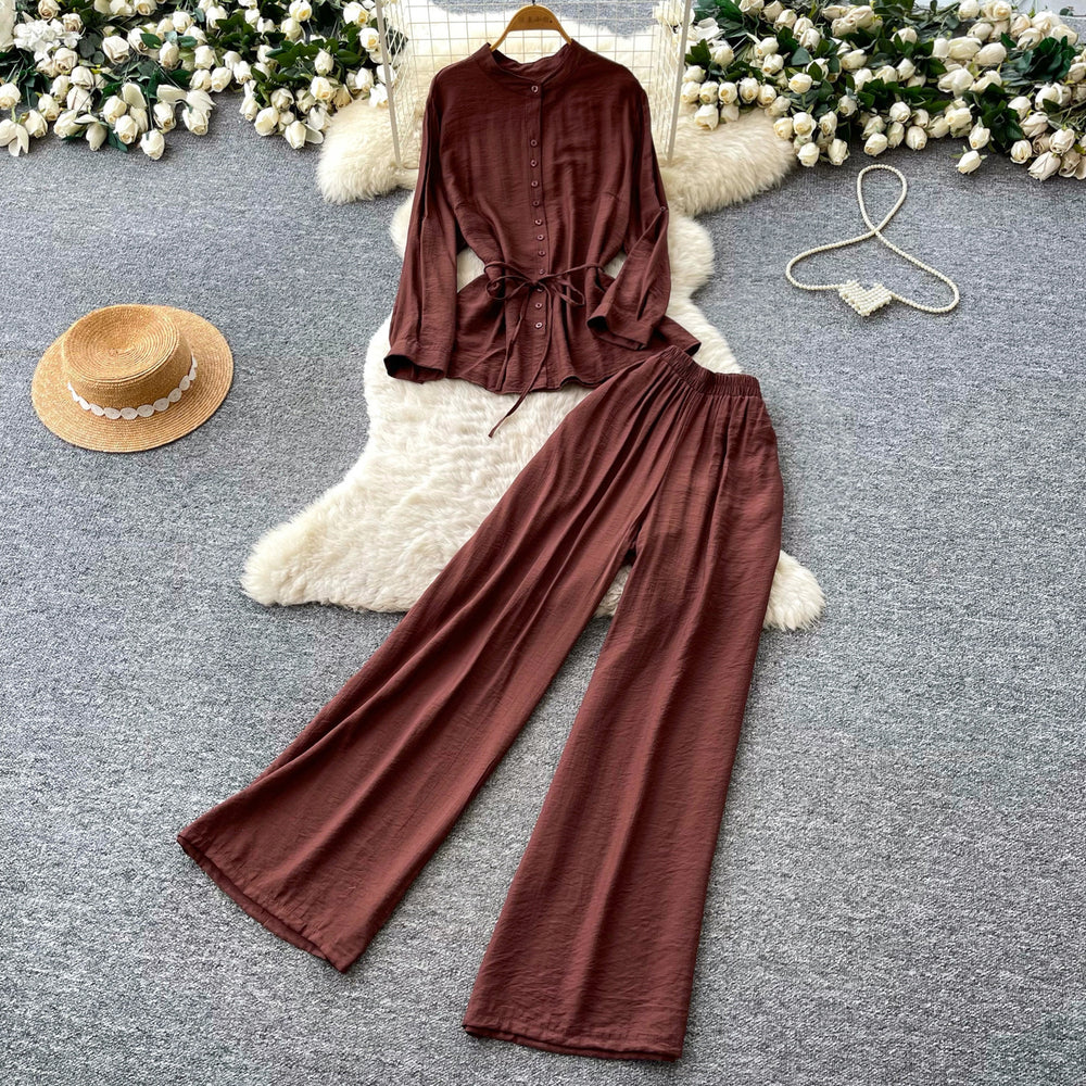 Light mature style bows strap waist shirt women's summerhigh waistloose pants silm two-piece set autumwork clothing