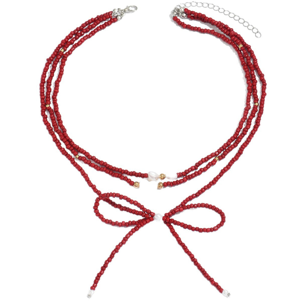 European and american cross-border red beaded bow necklace - luxury, unique design, stackable heart pearl jewelry necklace