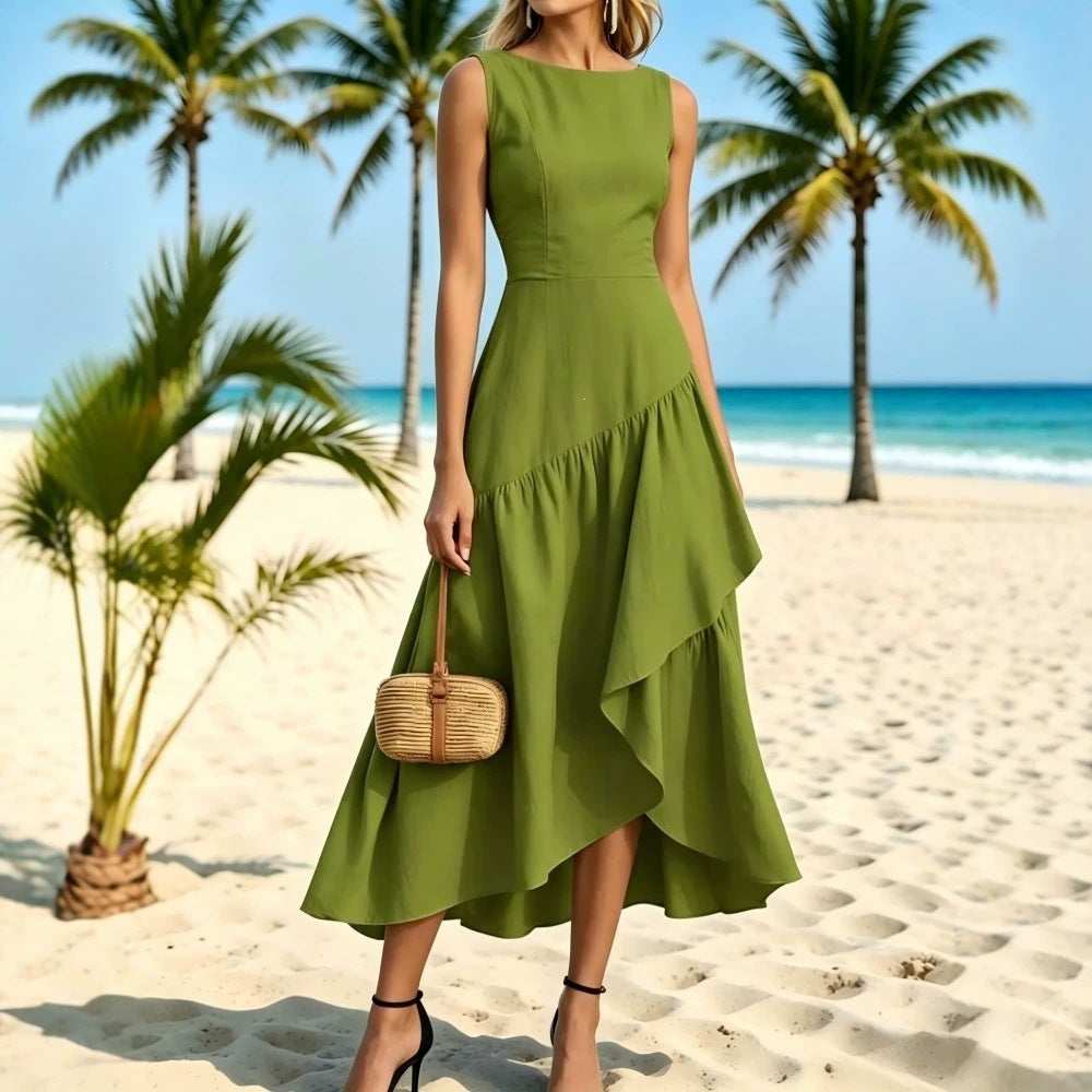 fashion summer vacation style women's new silk mesh patchwork sleeveless straight neck waist longdress