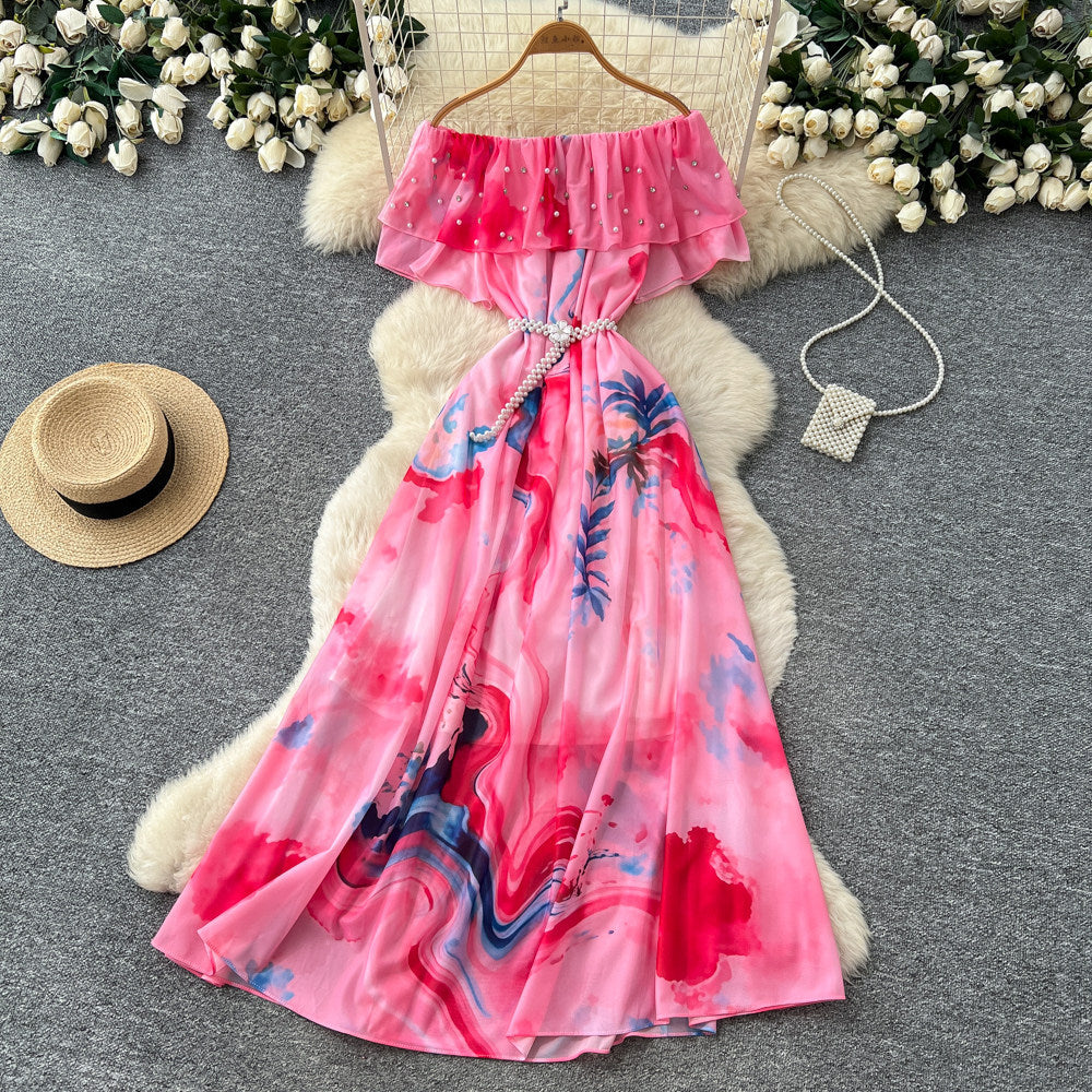 new women's summer sleeveless printed dress with pearl off-the-shoulder neckline, high-waisted a-line skirt, commute-friendly high street style