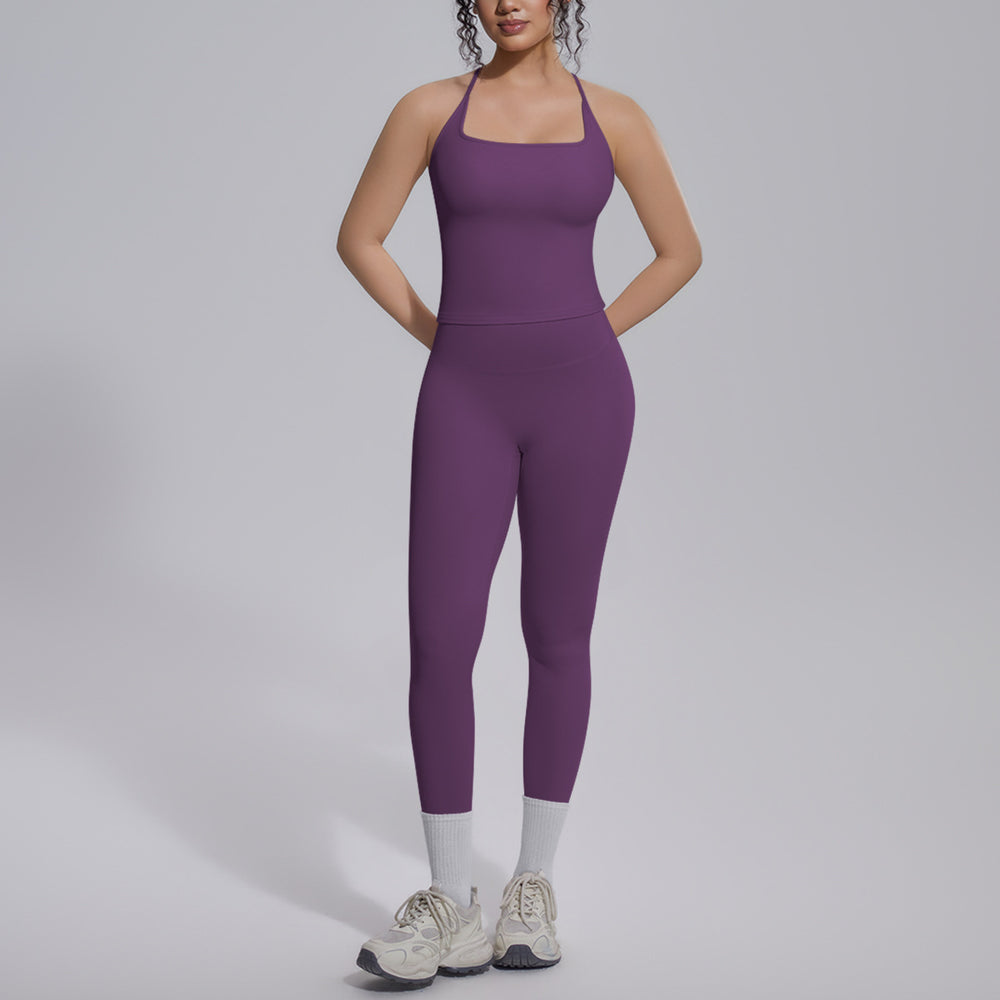 New arrival cross-border fashion double-sided brocade i-shaped beautiful back yoga suit sports running fitness running two-piece set for women