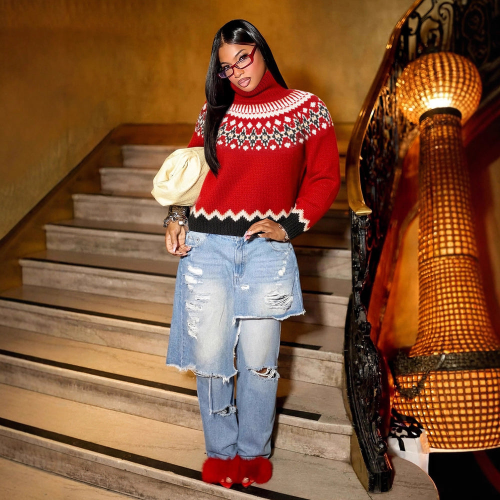 fall/winter high neck jacquard sweater - european & american retro color block ethnic style knit top - fashionable, loose fit, warm top