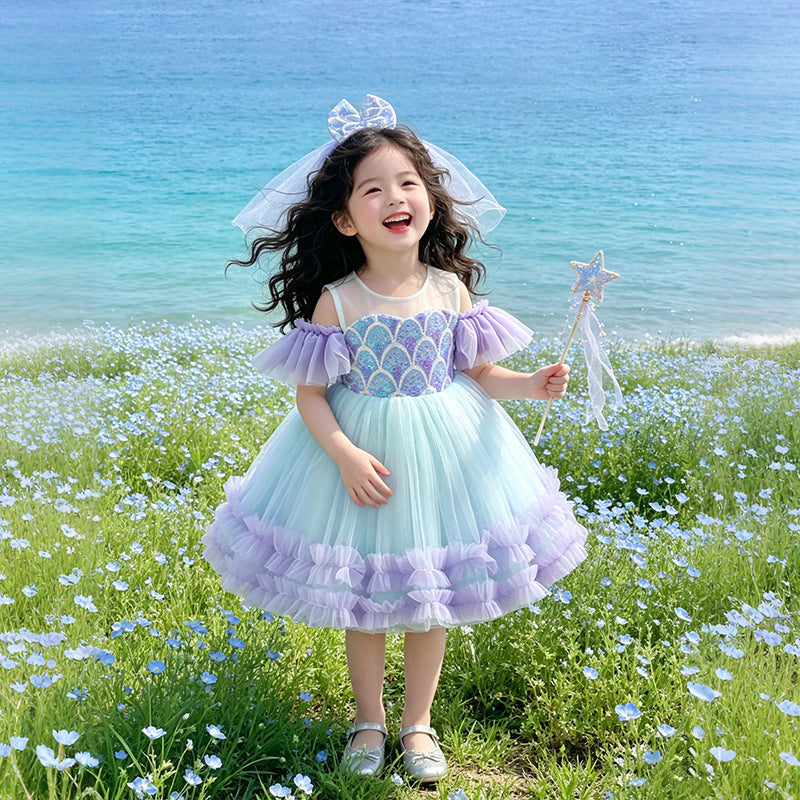 Wholesale rainbow floral princess dress for girls and toddlers - off-the-shoulder birthday dress, dance performance costume - in stock