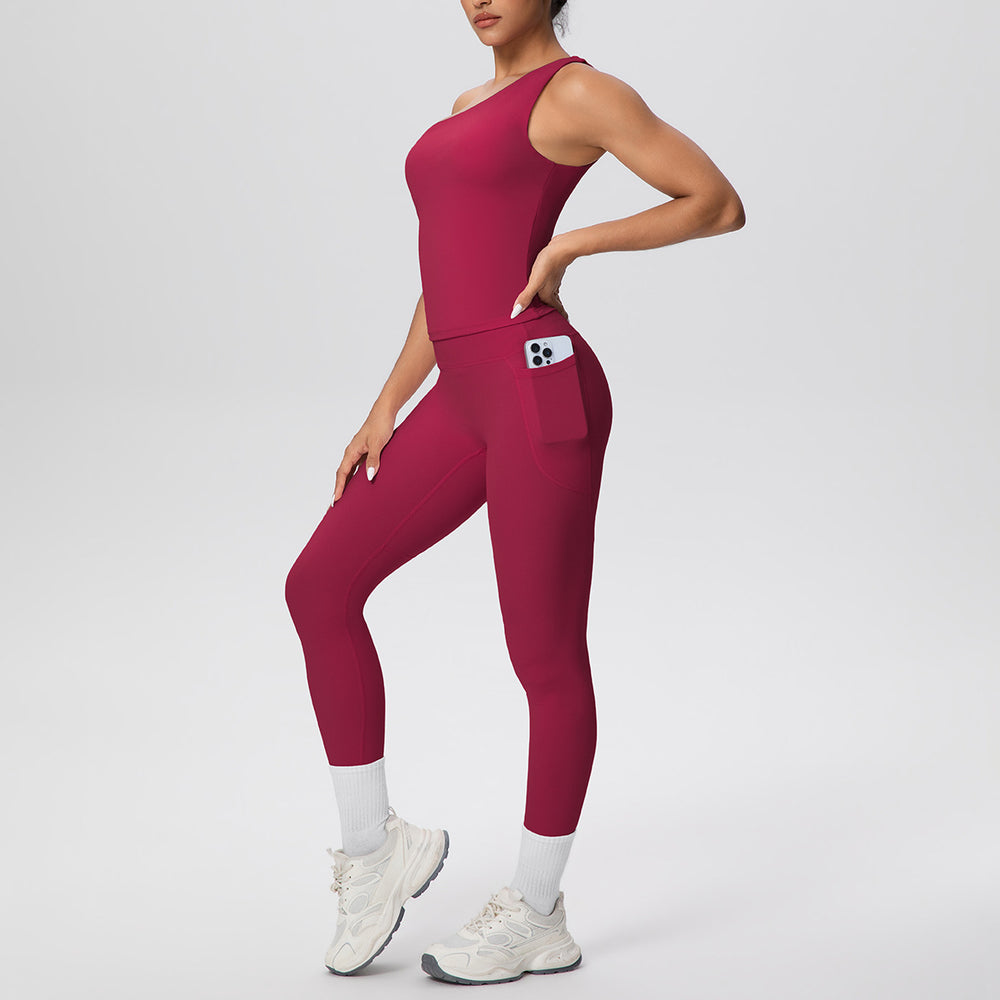 New arrival: cross-border brushed microfiber seamless tank top & leggings set - pocketed activewear for running, fitness, and yoga (two-piece)