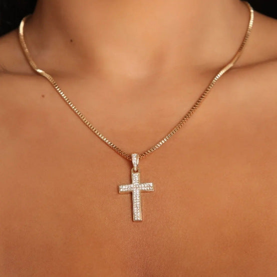 Full diamond cross necklace wholesale cross-border new fashion accessories women's high-end simple diamond-encrusted sweater chain manufacturer