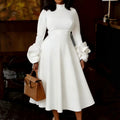 New plus size elegant midi a-line dress - mock neck, long sleeves, 3d floral sleeves, chic dress