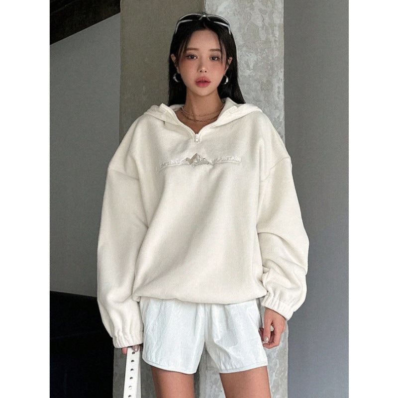 Pure colorletterembroiderprintinghooded sweatshirtloose lazy style stand collar with zipperfashion cross-borderautumnew arrival