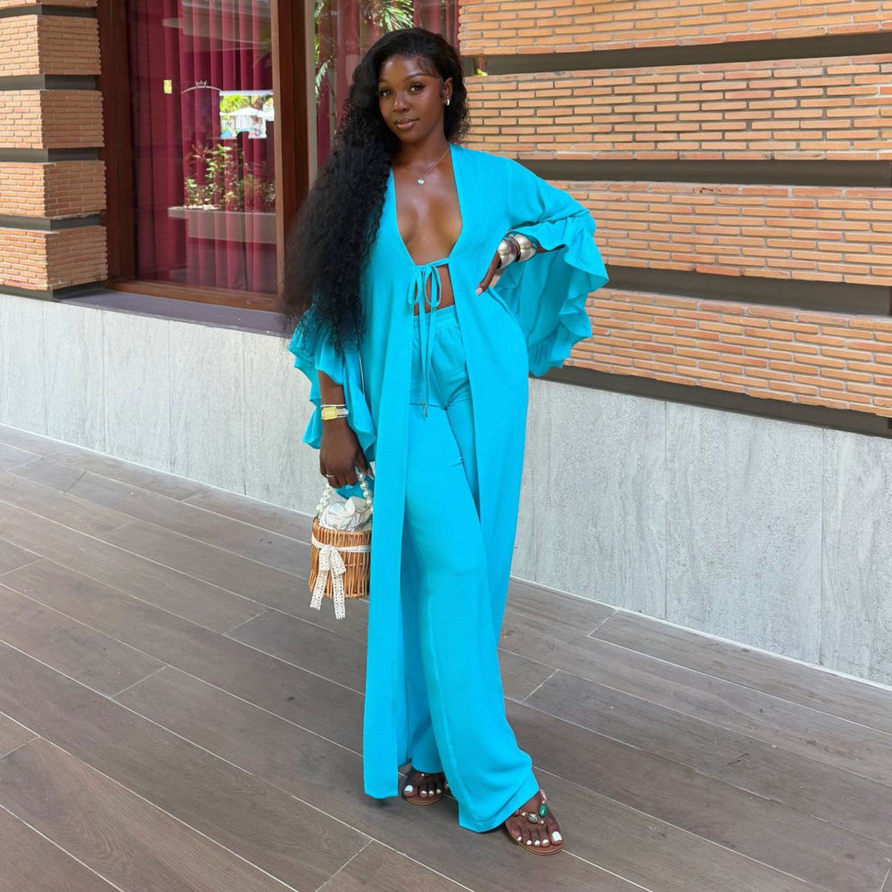 European and american cross-border women's clothing  summer new arrival: elegant casual flared sleeve tie-neck blouse and high-waisted pants set