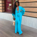 European and american cross-border women's clothing  summer new arrival: elegant casual flared sleeve tie-neck blouse and high-waisted pants set