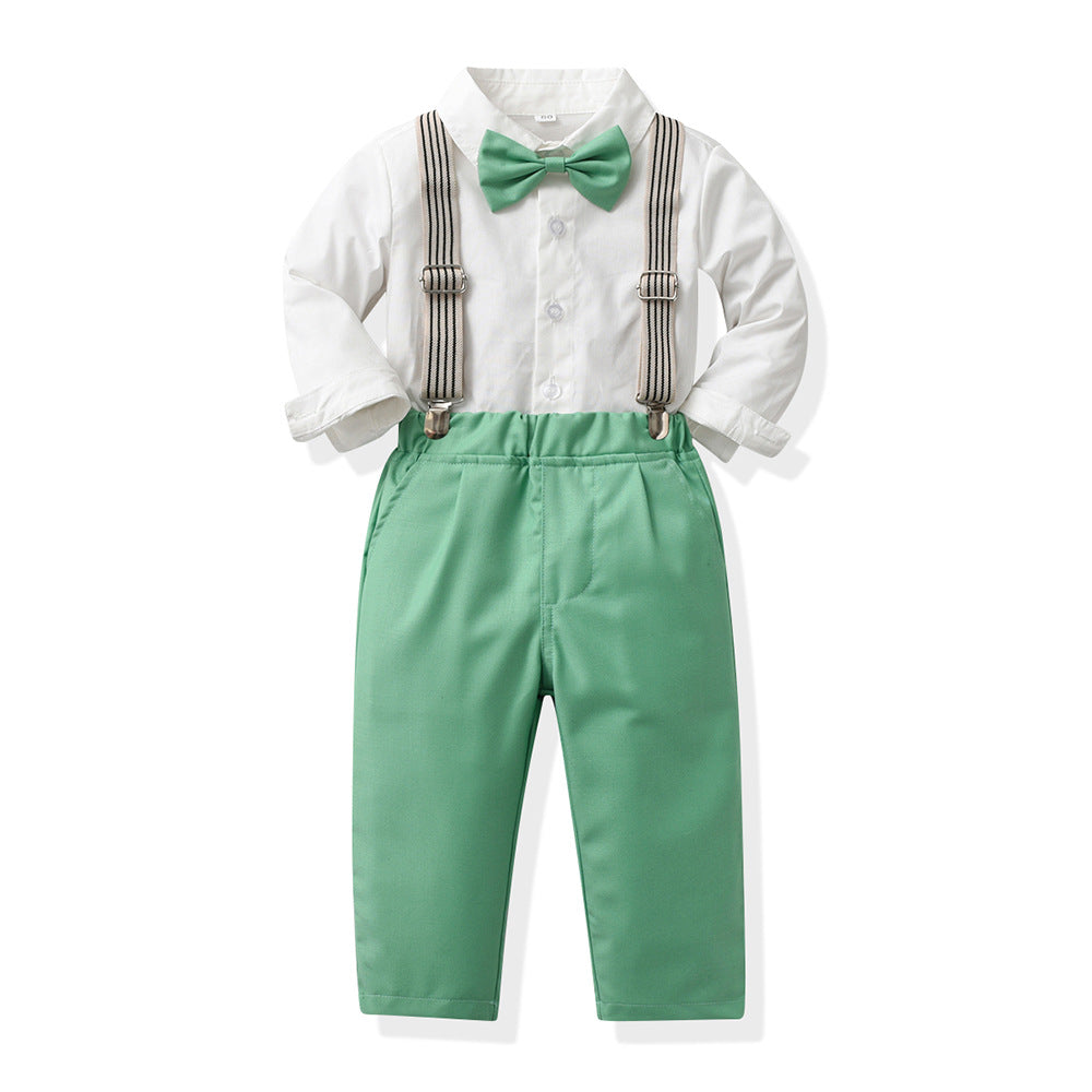 New british style boys' spring outfit: long-sleeved white shirt and suspender pants formal set - spring new arrivals for boys' clothing