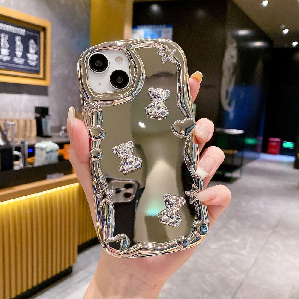 Three-dimensional wave electroplating suitable for apple 16pro bear mobile phone case iphone11 bead bracelet tpu protective cover