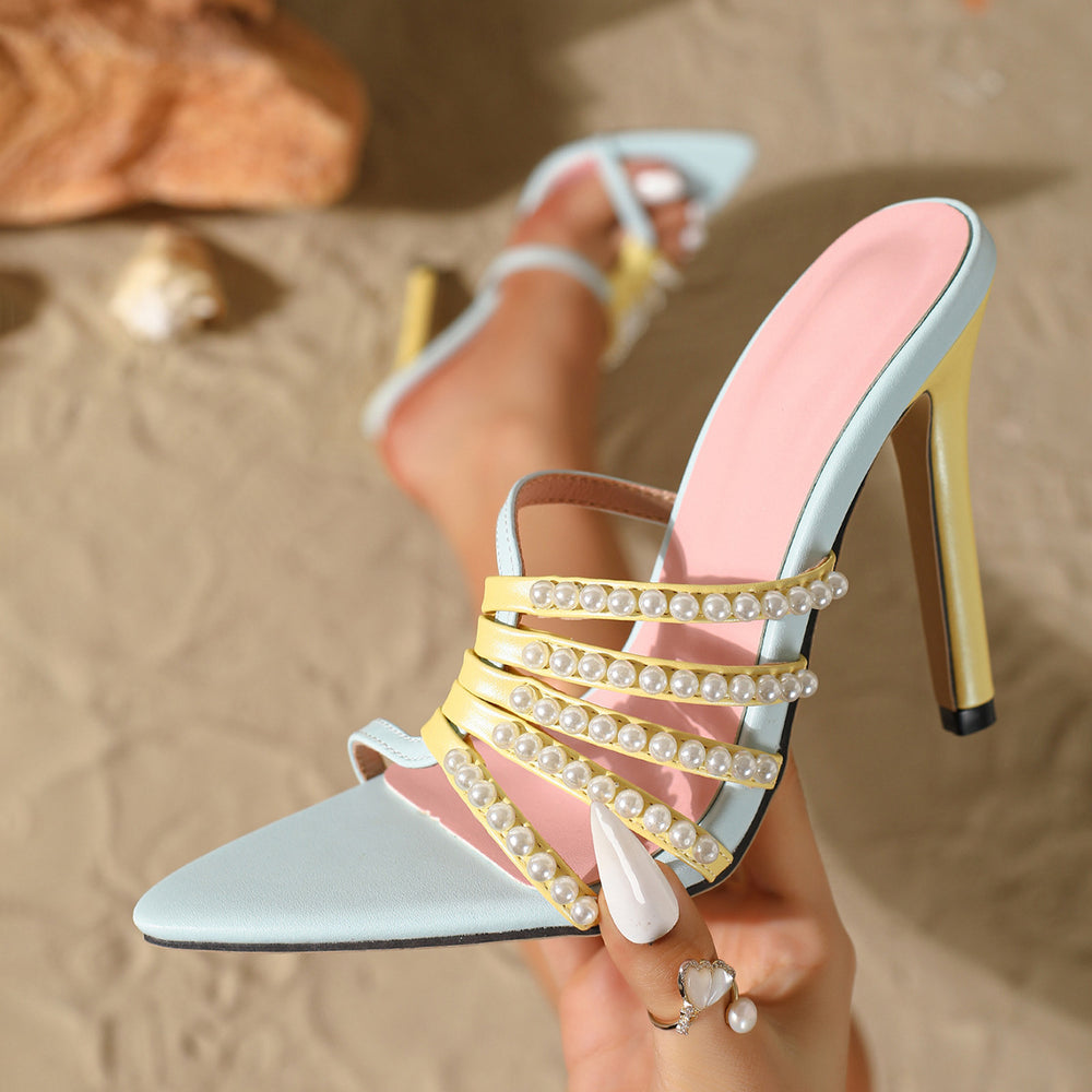 2026 new european and american style pearl stiletto heel mules - women's pointed toe color block thong sandals - cross-border hot seller