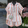 European and american cross-border women's fashion:  spring new arrival - stylish notch lapel striped short-sleeve shirt and tie-waist wide-leg shorts set