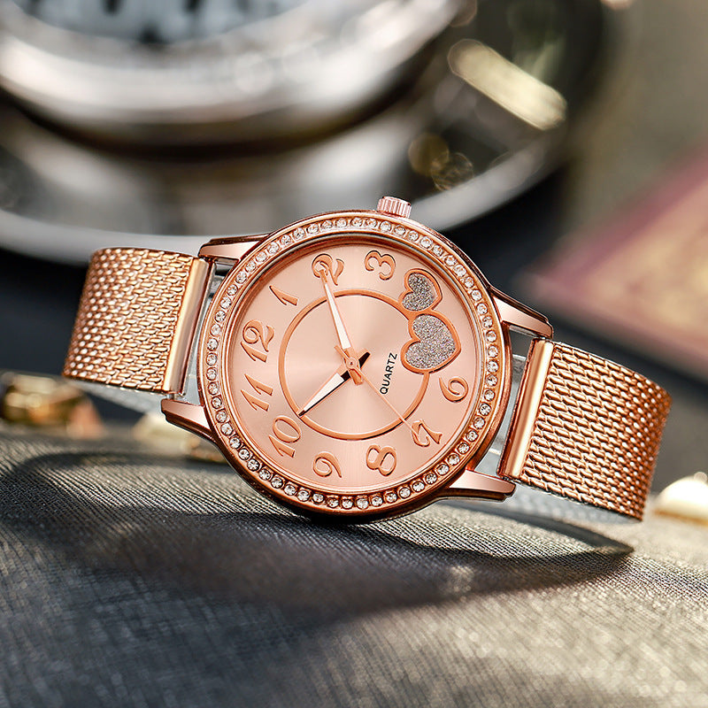 New fashion cross-border heart mesh strap quartz watch student rose gold heart diamond ladies watch wholesale silver
