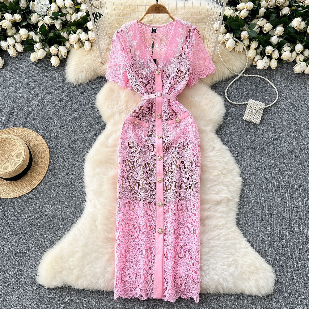 Elegant chanel-inspired summer dress for women - sweetheart style with peter pan collar, short sleeves, beaded single-breasted closure, slim fit, and lace crochet detailing