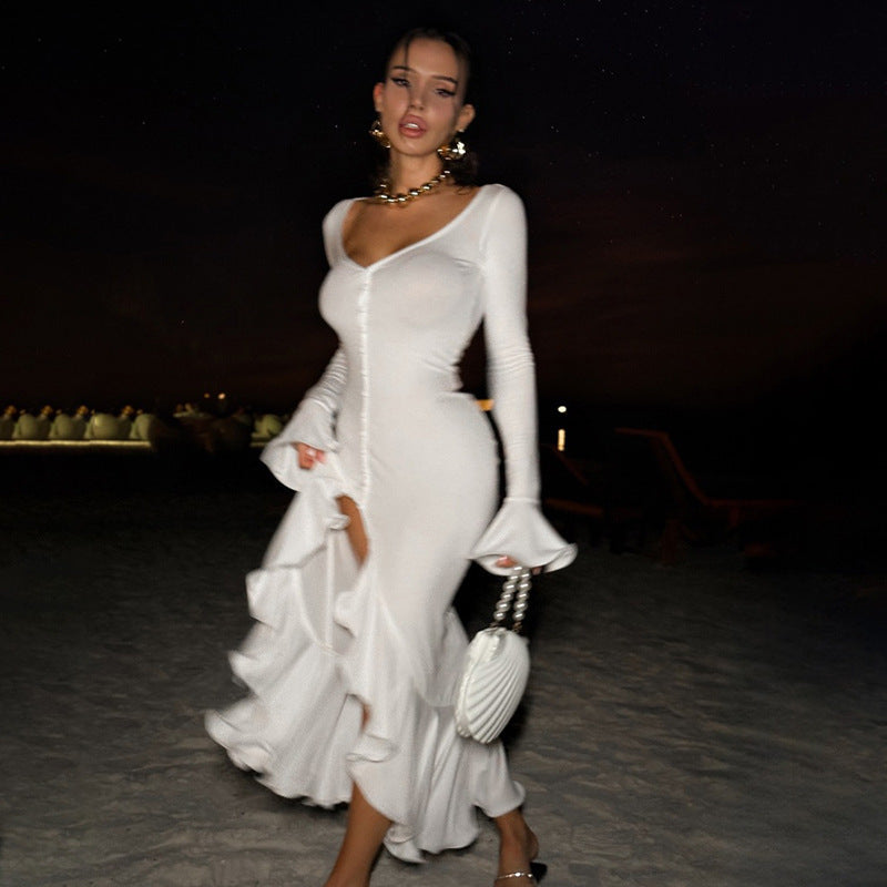 European and american cross-border women's fashion:  summer new arrivals - sexy v-neck flared sleeve ruffle hem slit dress