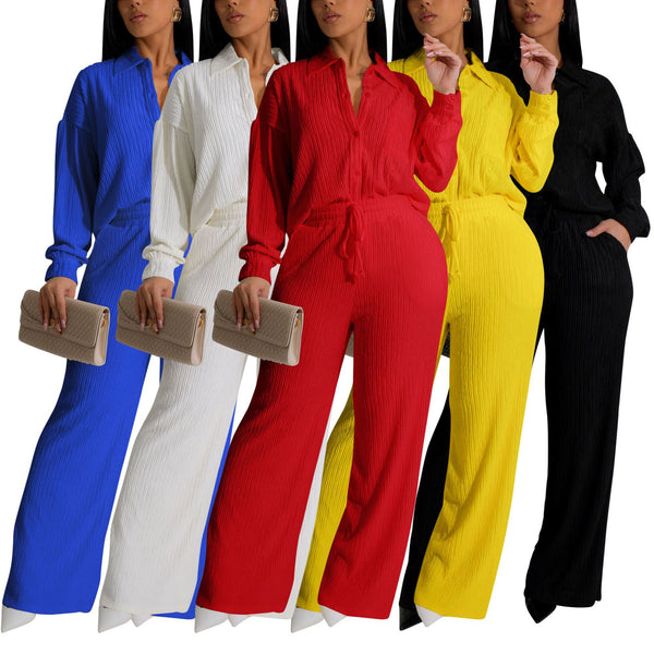 AL325  Cross-border European and American Women's Clothing Two-piece Set Long Sleeve Pleated Casual Shirt Set Elastic Waist Straight