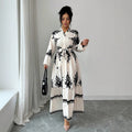Vintage ethnic print maxi dress - v-neck, single-breasted, lantern sleeves, tie-waist, ruffle hem
