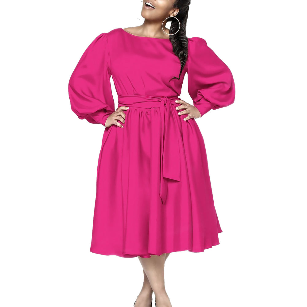 D479  cross-border women's spring  new long-sleeve crew neck tie-waist solid color a-line dress - european and american style