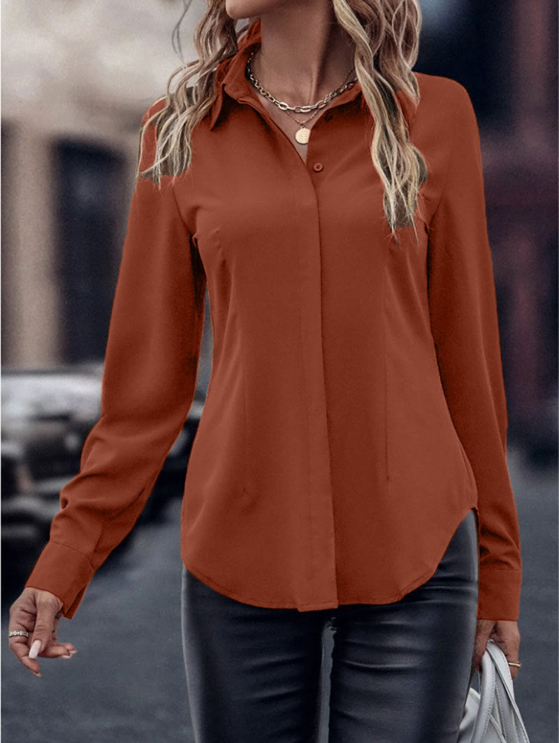 Button-down women's blouse, double-breasted satin collar long sleeve top, commuter style slim-fit cardigan, cross-border women's apparel