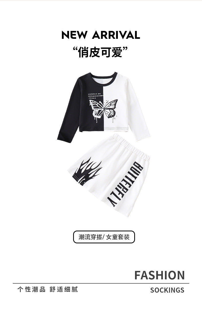 girls' sweatshirt set - black and white color block with butterfly and letter print, trendy skirt, kids' autumn two-piece outfit