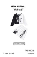 girls' sweatshirt set - black and white color block with butterfly and letter print, trendy skirt, kids' autumn two-piece outfit