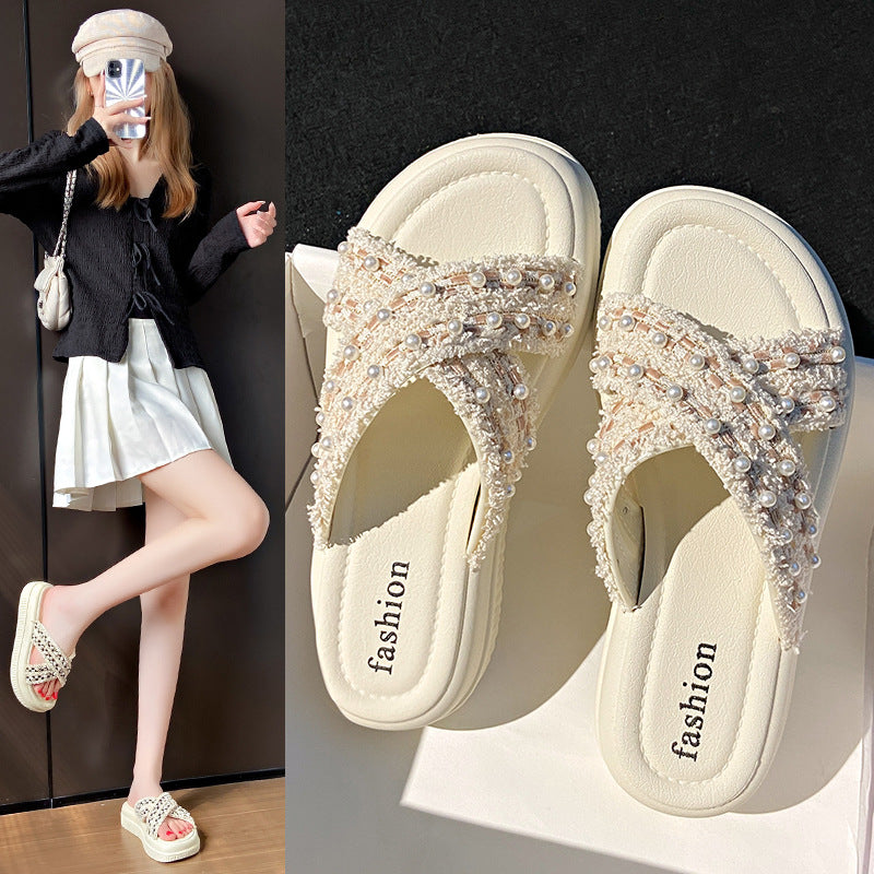 Women's summer sandals: new platform wedge slides, versatile chic style, pearl-embellished criss-cross thong sandals, trendy ins style