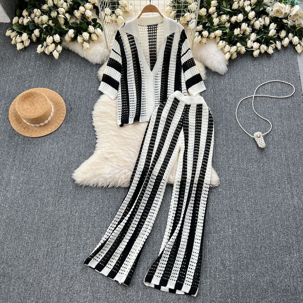 Women's summer v-neck loose knit cardigan top + wide leg pants set - color block striped cutout outfit