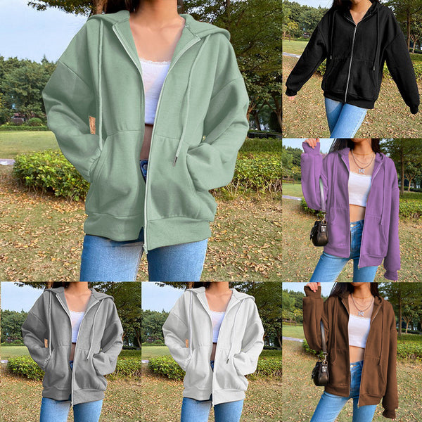 2021 autumn new solid color hooded fleece sweatshirt long-sleeved jacket women's street loose zipper top in stock