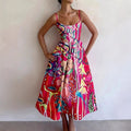 design-forward, niche print cami dress - midi length a-line, vacation style women's dress - perfect for resort looks