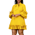 European and american plus size women's clothing  spring new arrivals: solid color, elegant, ruched sleeve, tie-waist, ruffle hem dress - export quality