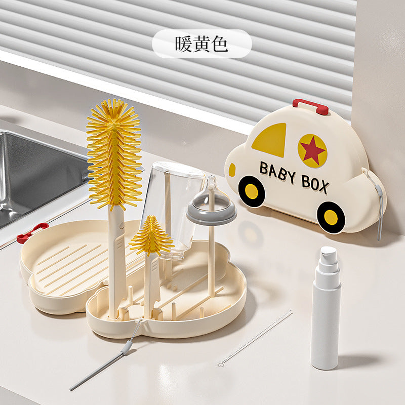 Silicone portable bottle brush - baby & infant bottle cleaning brush with drain rack & storage box - travel cleaning brush