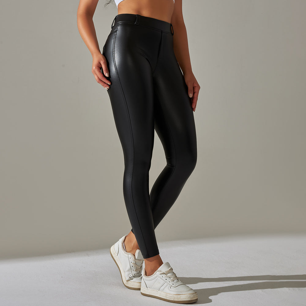Clearance european and american  flap pocket pants pu leather pants tummy control tight body shaping high waist yoga pants plastic butt lifting nine-point pants