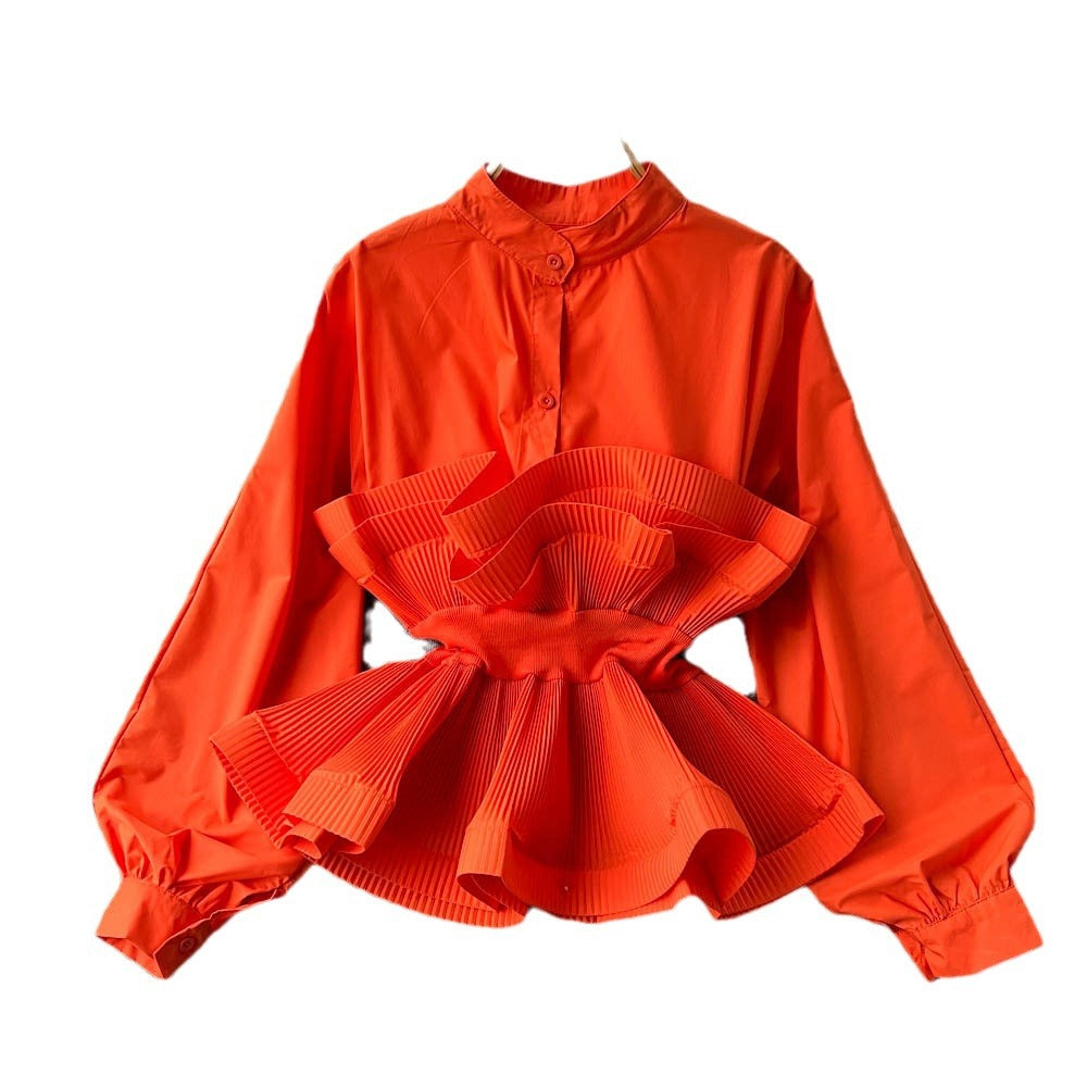 Long sleeves shirt for women sense of designniche style stereo pleated ruffles waist slimming lookeleganteasiest for match spring clothingtops for women