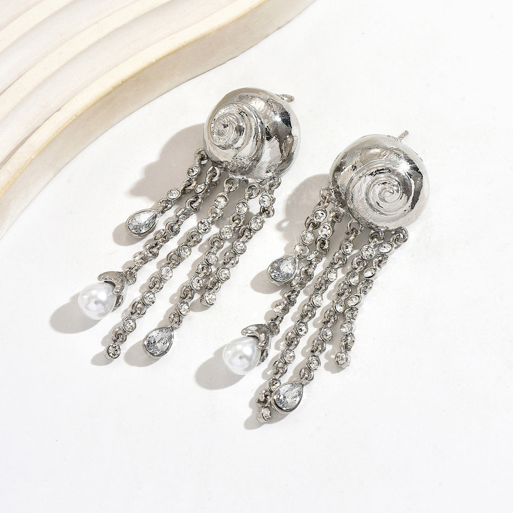 Fashion cross-border heavy industry diamond-encrusted long tassel earrings stylishaccessible luxuryniche stylesense of design thread imitation pearl earrings