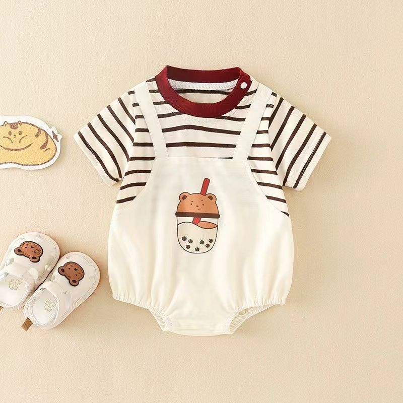 Baby clothes summer thin baby boy short-sleeved 100-day full-month romper ha shirt newborn casual one-piece trendy