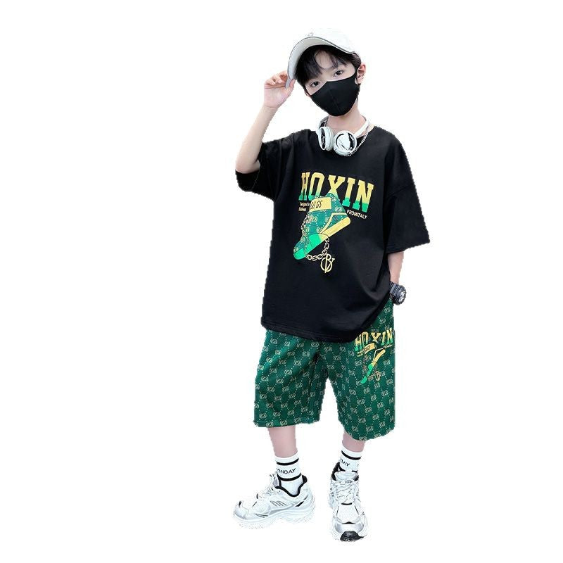 Kids' new  summer t-shirt set: stylish boys' printed casual short-sleeve high-street hip-hop letter print shorts outfit