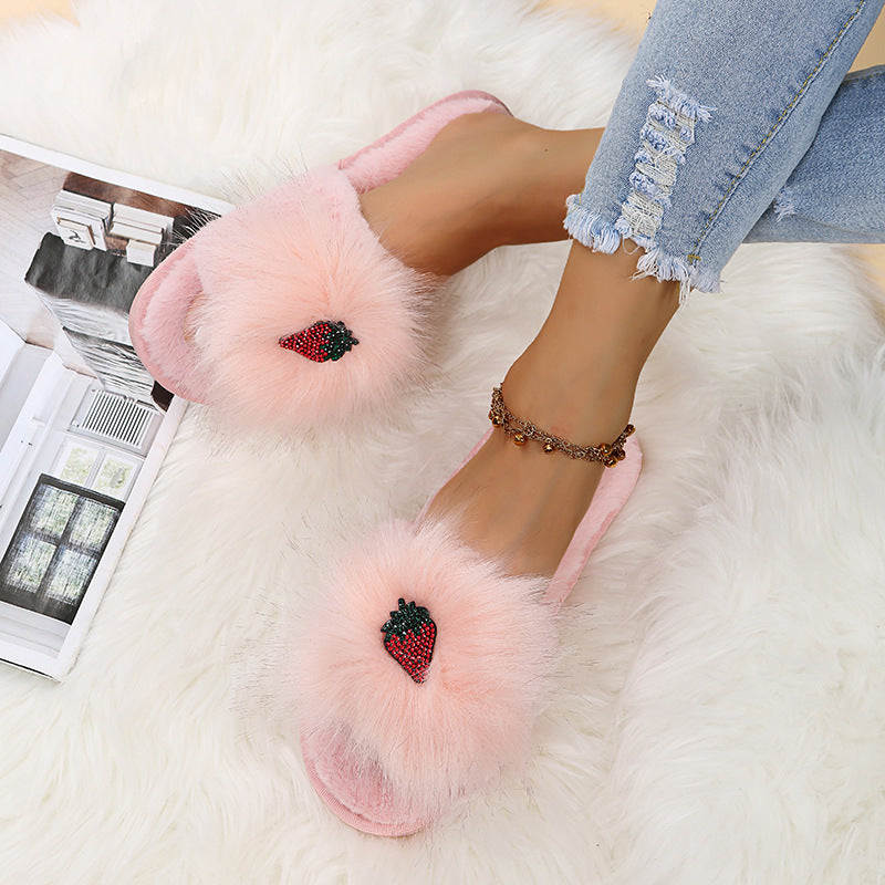 plus size rhinestone cotton slippers women's plush home slippers one-word fur slippers fall and winteroutwear slippers wholesale