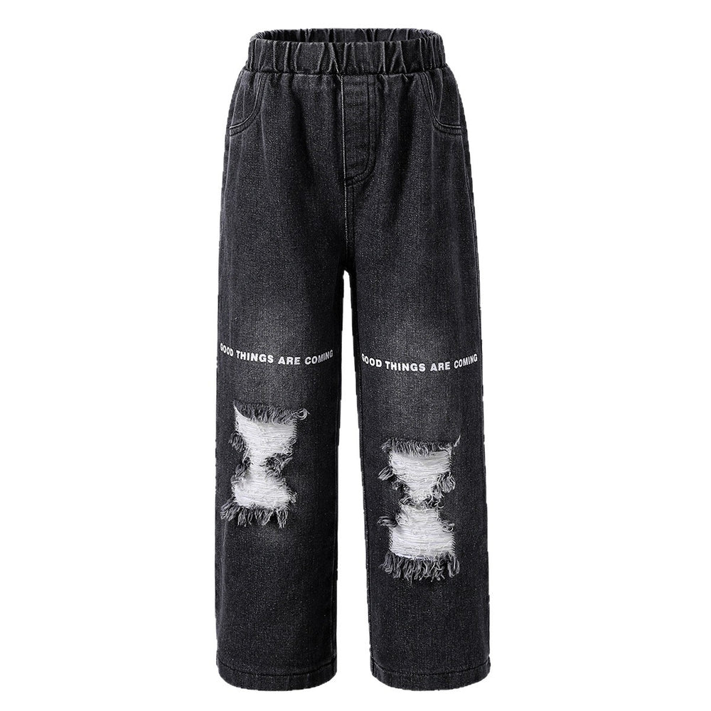 girl jeans black autum ripped letter pants elastic band pants looseloose pants kids pants