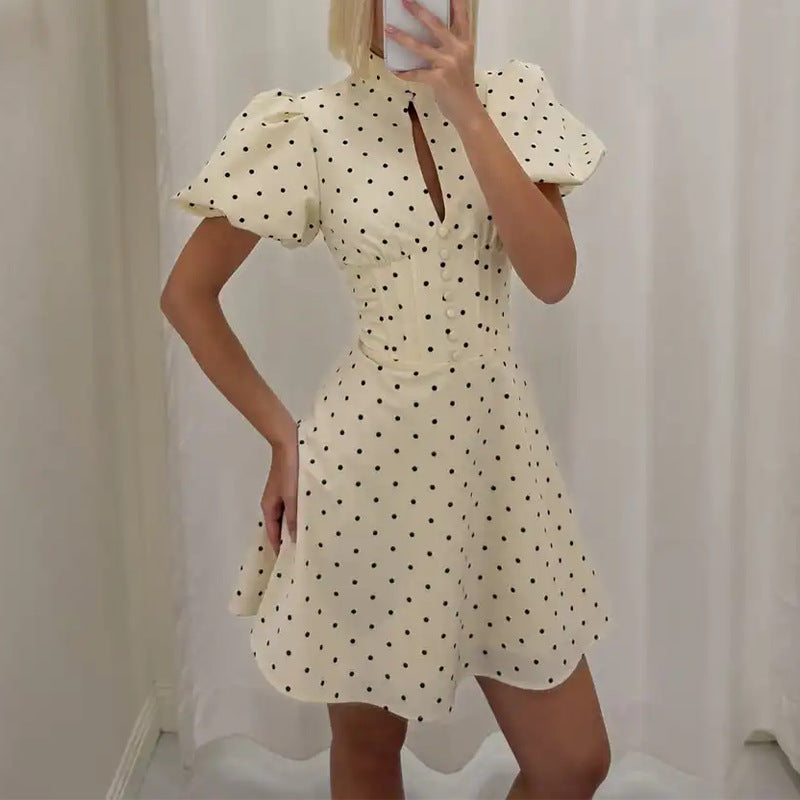 summer new women's clothing  cross-border fashion polka dot hollow-out waist bubble sleeve dress (us/eu style)