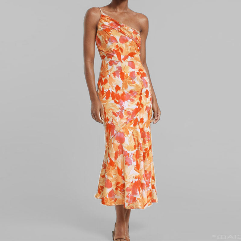 new european and american style sexy camisole maxi dress - printed asymmetrical neck fishtail dress - elegant commute