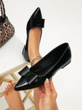 Black patent leather pointed-toe bow flat shoes - women's retro elegant commute flats, versatile and chic basic style