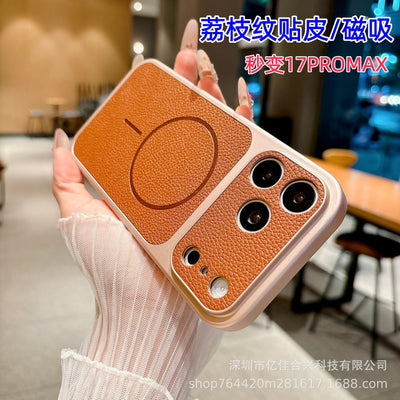 Premium feel instantly transformed: 17promax large view phone case, compatible with 17 new magnetic lychee grain leather apple 16