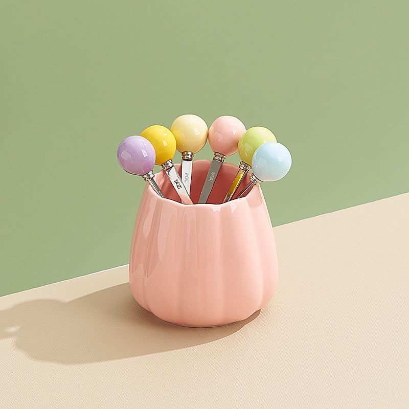 Dopamine color mixing stainless steel fruit forks, high-value afternoon tea dessert fork and spoon set with ceramic storage jar
